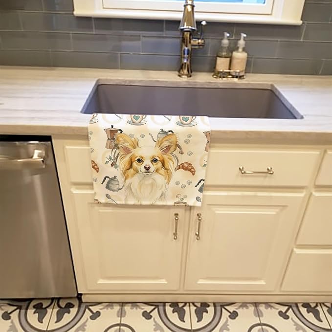 Caroline's Treasures Lemon and White Papillon Coffee Bar Kitchen Towel Velour Plush Front and Cotton Loop Back Machine Washable