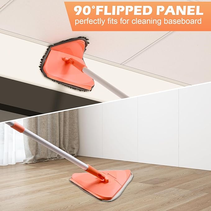 Wall Cleaner Triangle Mop with 82'' Long Handle - Wall Scrubber, Cleaning Washer Tool with 4 Microfiber Chenille Duster Pads for Clean Walls, Ceiling, Windows, Baseboards, Floors (Orange, 6 Pads)