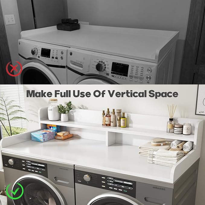 2-Tier Washer and Dryer Countertop with 2.75" H Guard,58" W x 28" D Laundry Countertop Cover with Non-Slip Pad,Large Space Laundry Topper for Folding Clothes Over Washer and Dryer-White