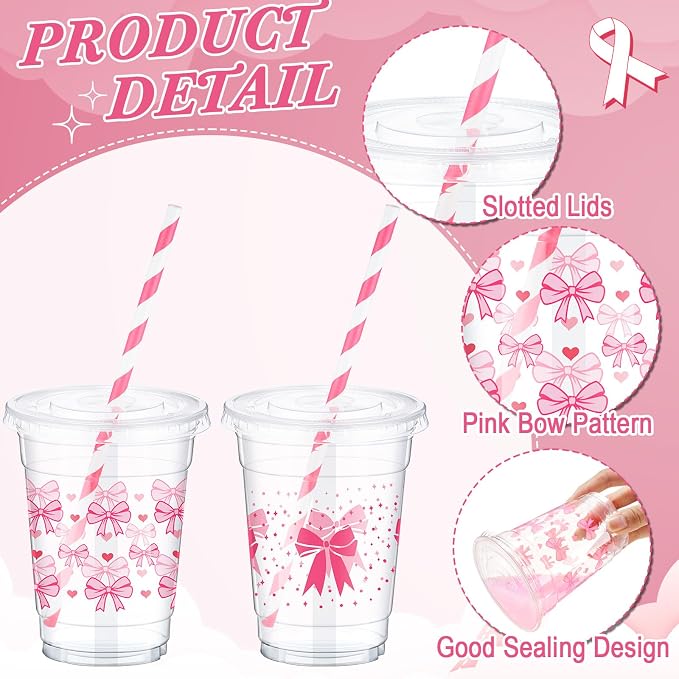 Yaomiao 100 Pcs Pink Bow Plastic Cups 12oz Disposable Clear Pink Plastic Cups with Lids and Straw Cute Bow Cup Bulk Birthday Wedding Party Favors Supplies for Cold Beverage