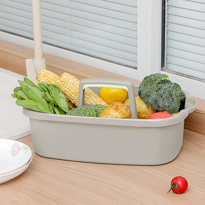 JiatuA Large Plastic Basket Portable Shower Caddy Tote Organizer Basket with Handle for Bathroom, Bedroom, Kitchen, College Dorm, Garden, Garage, Tool, Cleaning Supplies, Dark Gray & Light Grey