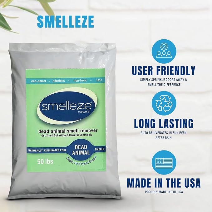 SMELLEZE Dead Animal Odor Eliminator for Strong Odor Removal - Eliminate Dead Rodent & Wildlife Smell - Safe Indoor & Outdoor Use, Natural Odor Remover, Fresh & Effective - Powder, 50 lbs.