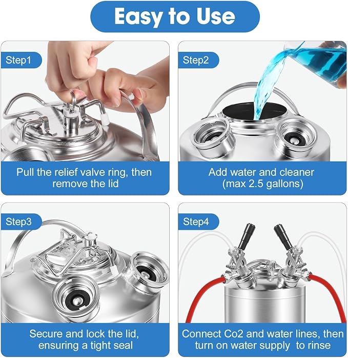 2.5 Gallon Kegerator Cleaning Kit, 304 Stainless Steel Beer Line Cleaning Kit with 2 D Coupler Keg Cleaning Kit Beer Line Cleaner with Ergonomic Carry Handle Pressure Release Valve Lid