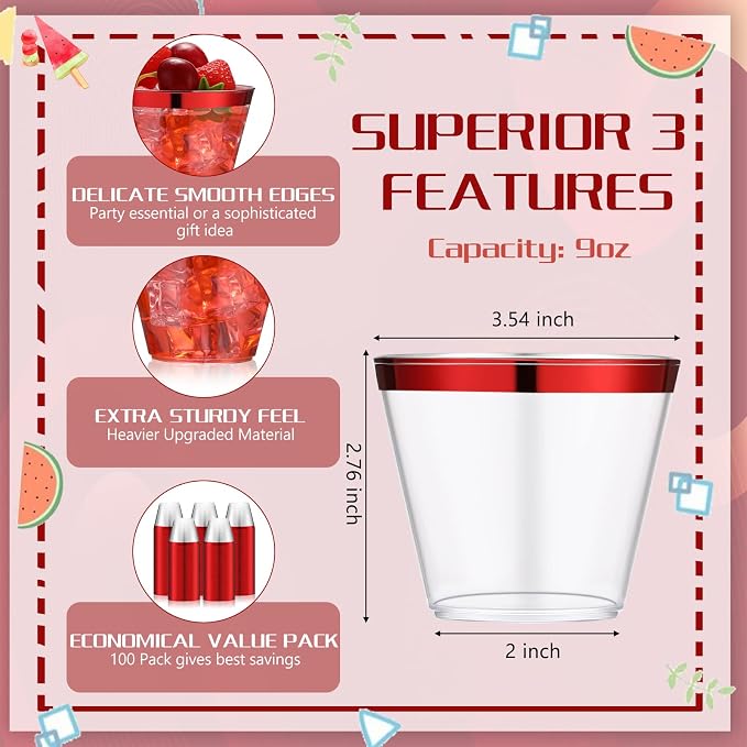 Lounsweer 100 Pcs 9oz Rimmed Plastic Cups Christmas Clear Cocktail Cups Heavy Duty Disposable Wine Glasses for Birthday Bridal Shower Baby Shower Holiday Celebrations(Red)