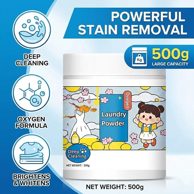 17.6 Oz Oxygen Laundry Powder,Hyper Concentrated Strong Stain Remover Powder,Suitable for Color Protection of Clothing, and Capable of Removing Stubborn Stains Caused by Milk, Sweat, Oil, and Fruits