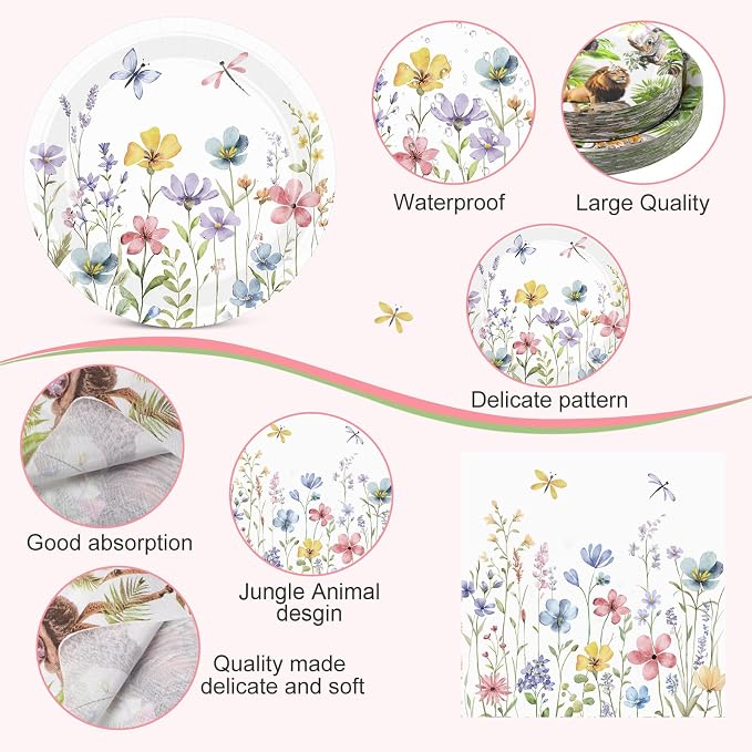 Pickmesh 250 Pcs Spring Floral Disposable Tableware Set Wildflower Butterfly Disposable Paper Plates Napkins and Cups for Baby Bridal Shower Birthday Wedding Baby in Bloom Garden Tea Party Supplies