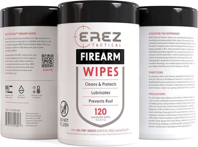 Gun Cleaning Supplies: 120 Gun Wipes, 5"x7" CLP - Clean, Lubricate, Protect - MIL-PRF-32033 (NATO O-190) Field & Range Gun Cloth, (2 pk)