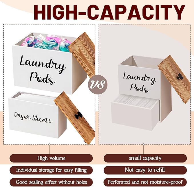 Dandat 3 Pcs Wood Laundry Pods Container Dryer Sheet Holder Dryer Sheets Holder Scent Booster Container Set with Scoop Rustic Laundry Room Beads Dispenser for Storage(White)