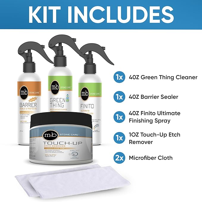 MB Stone Care Sample Kit - MB-11 Marble Etch Remover for Light to Neutral Colored Calcite Based Stone, GT-1 Green Thing, MB-24 Barrier Sealer, Finito Finishing Spray, Microfiber Towels
