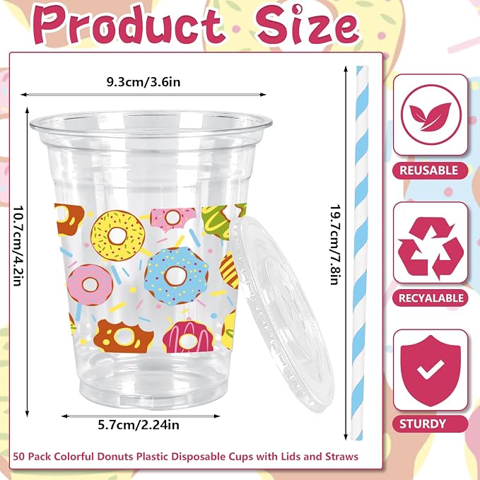 FYSUIMU 50Pcs 12Oz Donut Plastic Cups with Lids & Straws Sweet Doughnut Disposable Clear Drinking Cups for Summer Birthday Baby Shower Party Supplies