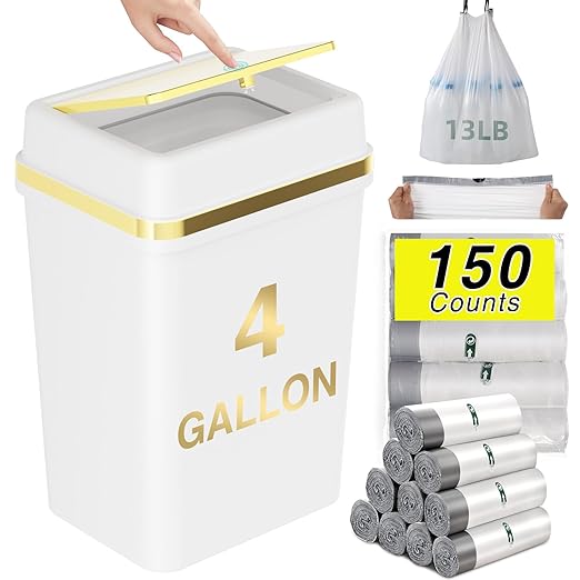 Bathroom Trash Can with Lid 4 Gallon White Trash Can with Press Top Lid Bedroom Trash Can Small Garbage Can with 150 Counts Trash Bags for Small Bathroom Bedroom Office