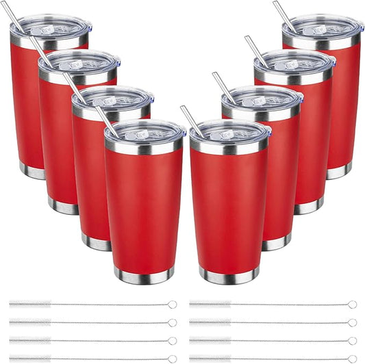 20oz Tumbler with Straw and Brush, Stainless Steel Vacuum Insulated tumbler, Double Wall Insulated Coffee Tumbler for Outdoor, Home, Travel,Office (Bright Red,8pcs)