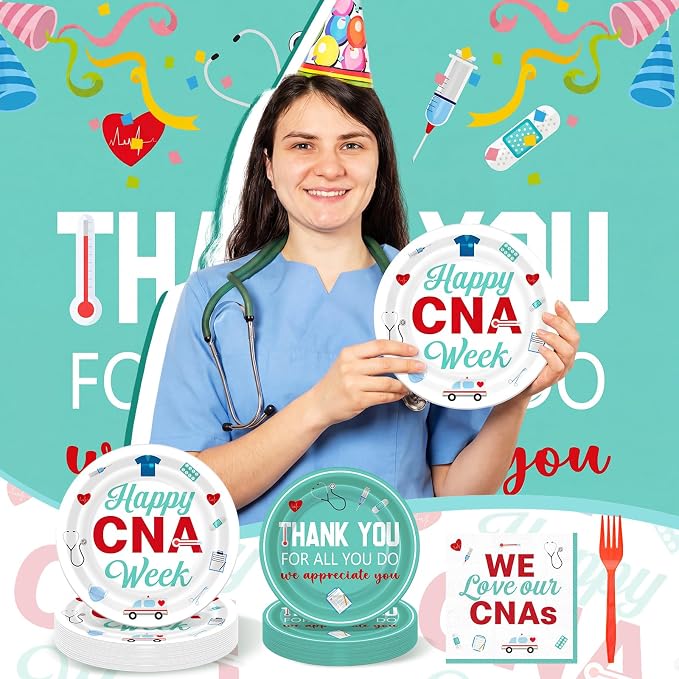 Remerry 96 Pcs Happy Cna Week Party Supplies Nurse Appreciation Plates and Napkins Set Decoration We Love Our Cnas Disposable Plates Thank You for All You Do Party Decoration