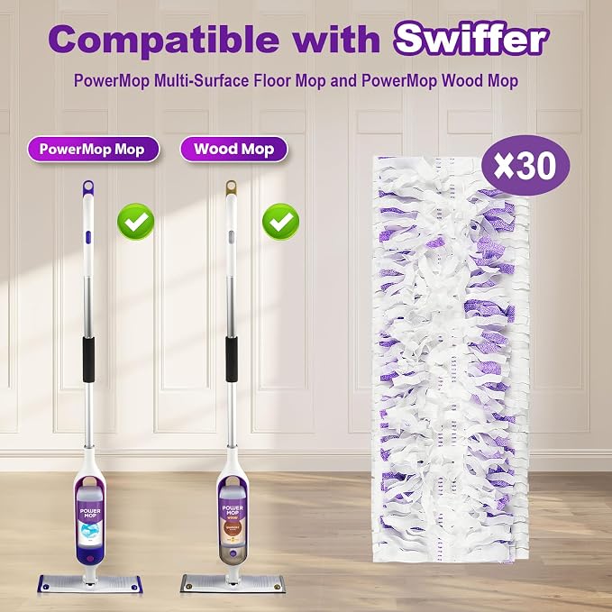 30 Count Mop Pad Refills, Compatible with Swiffer PowerMop Multi-Surface Mop, Absorbent Cleaning Pads for Hardwood, Tile & Laminate Floors