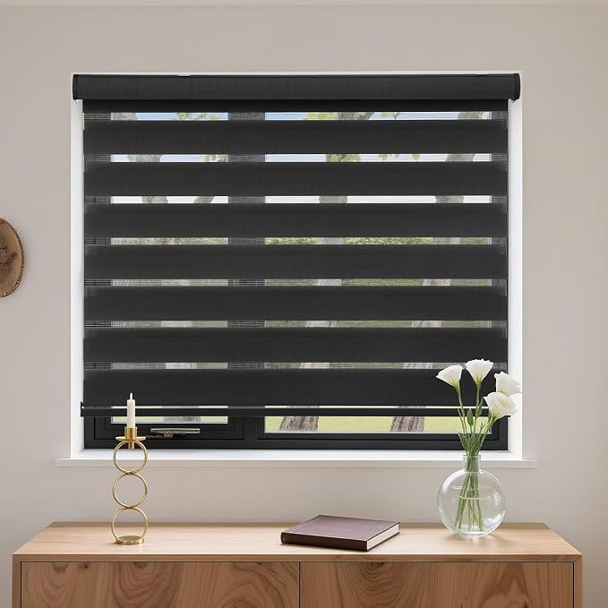 MYshade Cordless Zebra Blinds with Free-Stop Function - Dual Layer Light Filtering & Privacy Sheer Shades for Day and Night - Easy Install Window Shades for Home, Living Room, 30" W x 64" H,Black