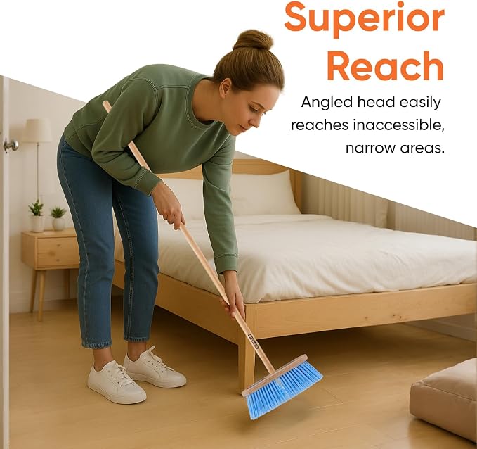 Superio Kitchen Broom - USA Wood Handle, Fine Premium Blue Bristles - Heavy Duty Household Broom - Easy Swiping Dust and Wisp, Home, Kitchen, Lobby, Floors and Corners.