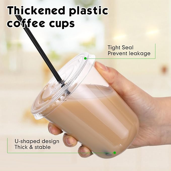 Ziliny 100 Set Clear Plastic Cups with Lids and Straws, Disposable Iced Coffee PET Cups for Drinking Cold Beverage Juice Parfait Smoothie Milkshake Coffee Shops Party Supplies (14 oz)