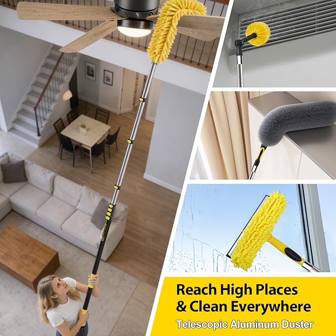 34 Foot High Ceiling Duster Kits with 7-28ft Heavy Duty Extension Pole, High Reach Duster for Cleaning,Microfiber Feather Duster,Cobweb Duster,Ceiling Fan Duster,Window Squeegee & Cleaner