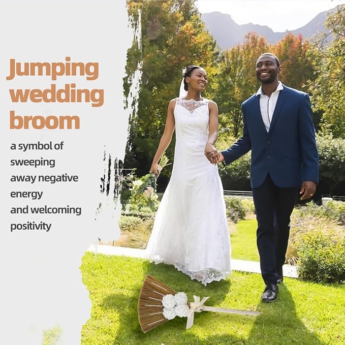 DIY Wedding Jump Broom Kit, 34" African American Jumping the Broom Ceremony Decor, Traditional Ceremonial Straw Broom with 4 White Artificial Flowers, Satin Ribbon & Pearl Stickers