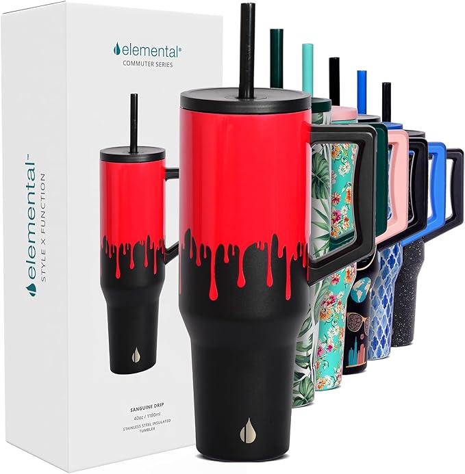 Elemental 40 oz Tumbler with Handle and Straw - Spill Proof Insulated Stainless Steel Commuter for Cold Beverages - Travel Coffee Mug with 2 Straws & Spill Proof Lid - 40oz - Sanguine Drip