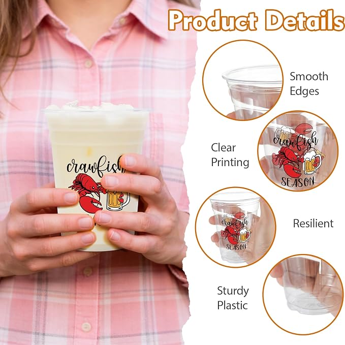 100Pcs Crawfish Plastic Party Cups, 12oz Lobster Disposable Clear Cups for Crawfish Parties, Holiday Gatherings, Birthday, Seafood Party Drinking Supplies