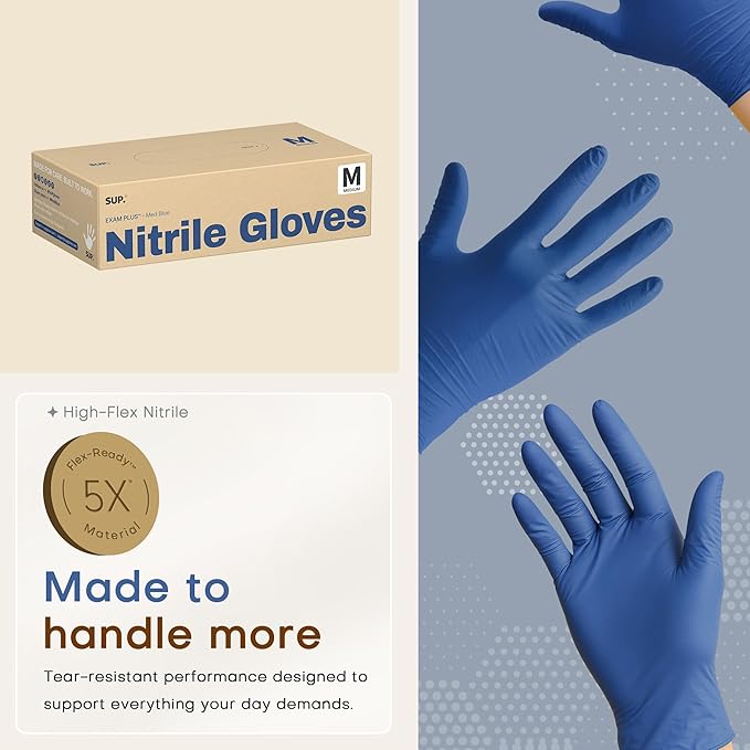 SUP Nitrile Exam Gloves, Powder-Free Latex-Free Food Safe Disposable Glove for Medical Lab Cooking Cleaning, Med Blue 1000 Ct
