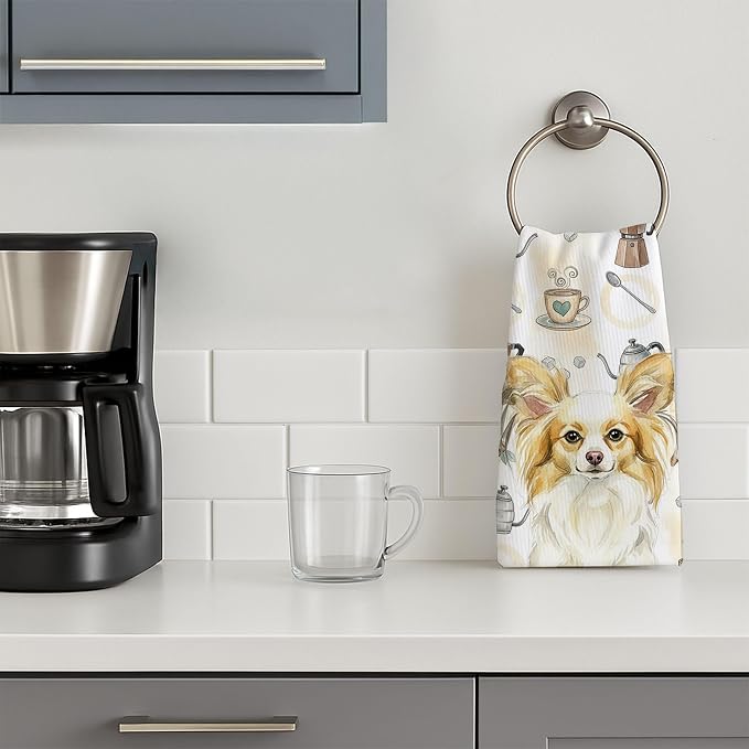 Caroline's Treasures Lemon and White Papillon Coffee Bar Kitchen Towel Velour Plush Front and Cotton Loop Back Machine Washable