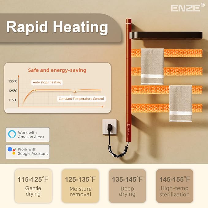 ENZE Smart Rotating Heated Towel Rack for Bathroom, 4-Bar Wall-Mounted Electric Towel Warmer with Swivel Shelf, Wi-Fi App Control, 24H Timer, Stainless Steel, IPX5, Hardwired/Plug-in, Matte Black