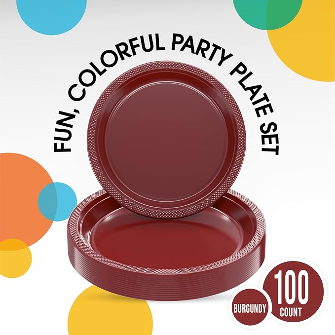 Exquisite Party Solids Burgundy Plates Disposable Burgundy Plastic Plates 100 Pieces - 50-7" & 50-9" Heavy Duty 350 GSM Disposable Dinnerware Sets, Plastic Dinnerware Sets