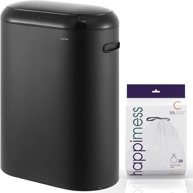 happimess HPM1016B Robo Kitchen 13.2-Gallon Slim Oval Motion Sensor Touchless Trash Can with Touch Mode, Fingerprint Resistant, Modern, Minimalistic for Kitchen, Office, Bathroom, Charcoal Black