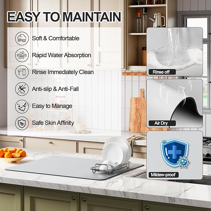 Ecotrim - Dish Drying Mat for Kitchen Counter | Coffee Bar Mat for Countertops | Heat Resistant Drainer Mat with Non-slip Rubber Backed | Hide Stain Kitchen Absorbent Draining Mat | Light Grey 18"x28"