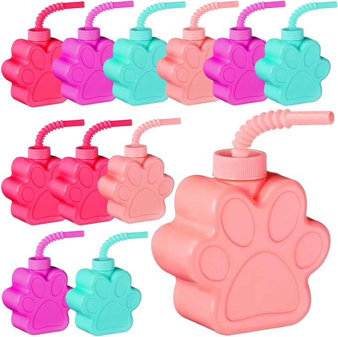 Sratte 12 Pieces 10 oz Dog Paw Cups for with Straw and Lid Dog Theme Birthday party Plastic Puppy Paw Print Drinking Cups for Pet Theme Party Supplies Decorations