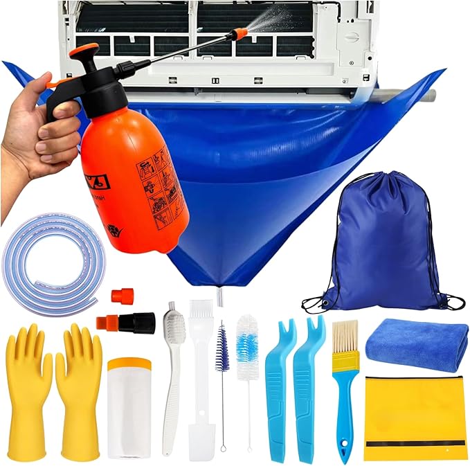 Oiktylr 18pcs Mini Split Cleaning Kit Bag, Waterproof AC Cleaning Cover with Storage Bag, PVC Air Conditioner Cleaning Bib with 2L Pressure Sprayer, HVAC Minisplit Cleaning Kit (Large)