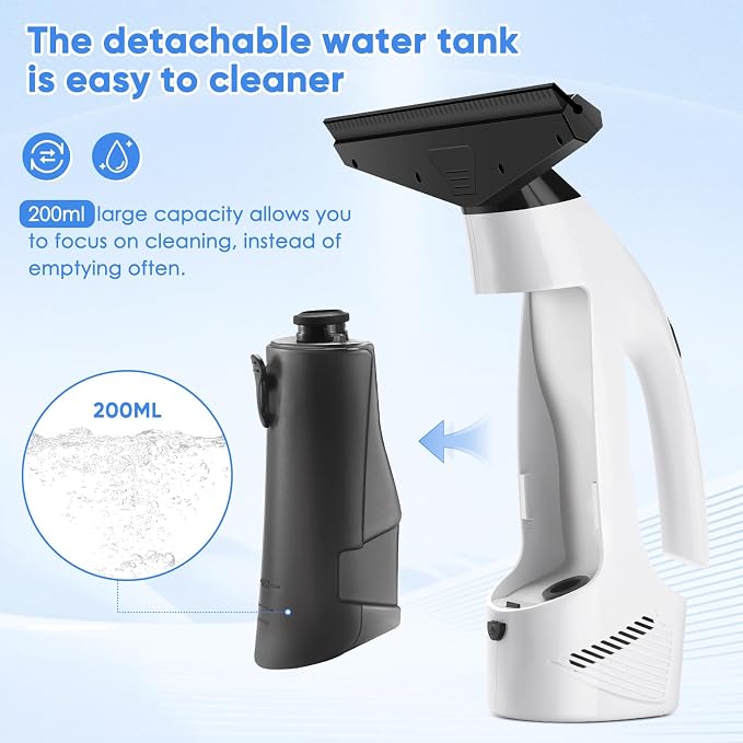 Window Vacuum Squeegee Cordless, 2000Pa Electric Window Vacuum Cleaner with 200ML Water Tank, Rechargeable Electric Squeegee for Windows, Tiles, Mirrors, Showers, Glass, 2200mA
