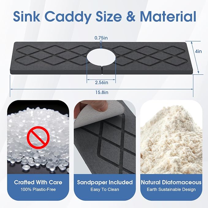 Faucet Mat for Kitchen Sink, Diatomite Stone Sink Tray, Faucet Splash Guard, Quick Dry Water Absorbing Non-Slip Stone Tray, Fits Most Faucets, Pet Bowl Mat, Vase Holder, Cleaning Supplies, Matte black
