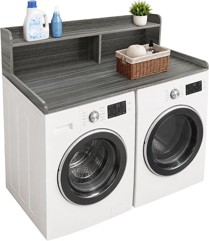 Royxen Laundry Countertop with 2-Tier Shelf Universal Fit, Washer and Dryer Countertop with Storage Space, Shelf Height 11.5 Inches, Solid Wood Core, Eucalyptus