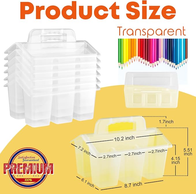 ALINK Classroom Caddy Storage Basket with Handle, 6 Pack Plastic Arts Office Crafts Caddy 4 Compartments for Kids, Pencil, Crayon, Marker, School Supplies - Clear