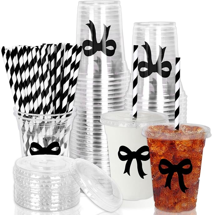 Whaline 50 Pcs Black Bow Disposable Plastic Cups with Lids and Straws 12 Oz Elegant Bow Knot Cold Beverage Drinking Cups for Wedding Birthday Bridal Baby Shower Party Supplies