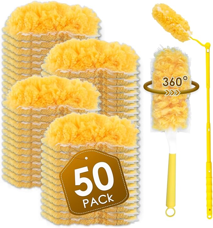 50 Count Feather Duster Refills for Swiffer Dusters Handle, 360 Degree Multi-Surface Duster Refill Kit with 1 Extended Handle and 1 Short Handle, Disposable Dust Removal Brush Heads for Electronics