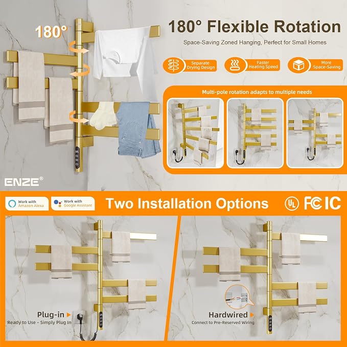 ENZE Smart Rotating Heated Towel Rack for Bathroom, 5-Bar Wall-Mounted Electric Towel Warmer with Swivel Bars, Wi-Fi App Control, 24H Timer, Stainless Steel, IPX5, Hardwired/Plug-in, Gold