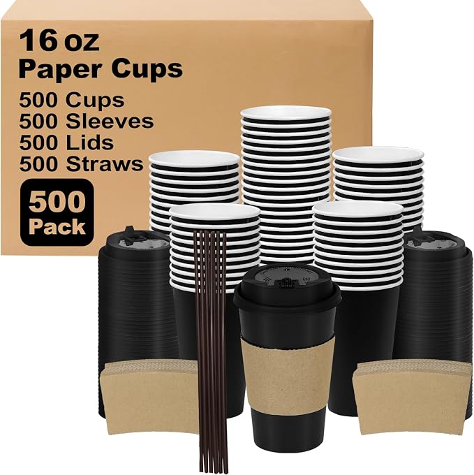 16 oz 500 Pack Coffee Cups with Lids and Sleeves, Straws, Hot Disposable To Go Travel Paper Cups Bulk for Office, Home Coffee Bar Accessories, Chocolate, Cocoa, Beverage (Black)
