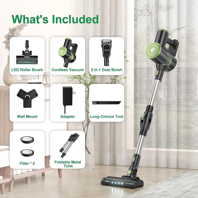 PRETTYCARELIFE 6-in-1 Cordless Vacuum Cleaner,Stick Vacuum with 180° Bendable Wand,High Power/Powerful Suction/Long Runtime,Self-Standing Wireless Vacuum for Hardwood Floor (Green)
