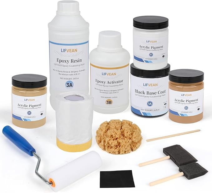 Epoxy Countertop Paint Refinishing Kit, Kitchen Bathroom Glossy Coating for Marble, Granite, Laminate, Ceramic Tile, Cover 40 sq.ft, Warm Sand