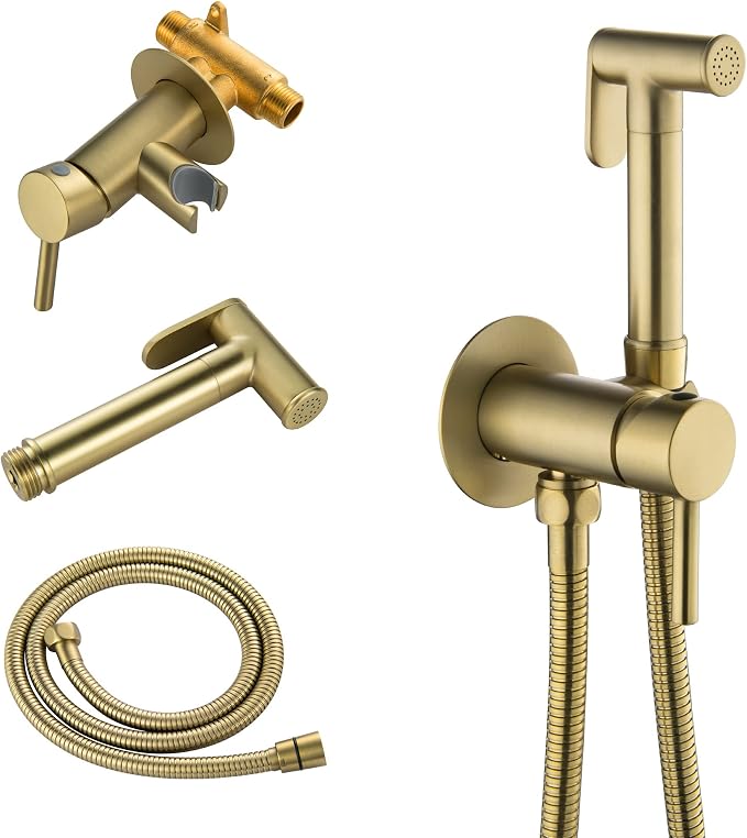 SHAMANDA Warm Water Bidet Sprayer for Toilet with Hot and Cold Brass Rough-in Valve, Stainless Steel Round Handheld Bidet Attachment Set for Feminine, Pets and Baby Diaper Wash, Brushed Gold, BDS09-3