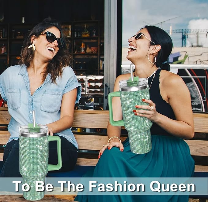 HWISDMIG 40oz Tumbler with Handle-Glitter Rhinestones Tumbler Bling Cups Stainless Steel Water Bottle Diamond Studded Tumbler for Women-Birthday Gifts for Women, Mom, Girlfriend (Dark Green)