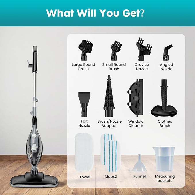 OLIXIS 10-in-1 Steam Mop, 1550W Detachable Handheld Steam Cleaner for Floor Cleaning, 16FT Cord, 2 Washable Pads, Multi-Purpose Floor Steamer for Hardwood, Carpet, Tile, Grout, Windows, Black Grey