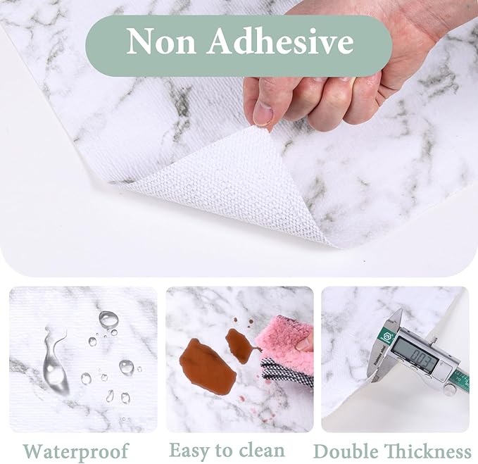 Drawer and Shelf Liner for Kitchen Cabinet: 23.6 in X 20 Ft Non Slip Waterproof Shelf Paper Non Adhesive Refrigerator Liners White Marble Easy Liners for Bathroom with Knife Tape Measure