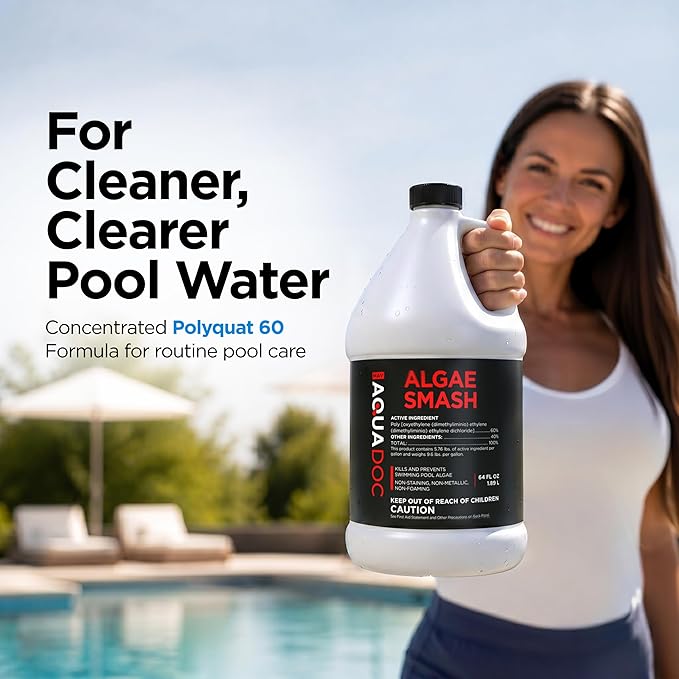 AquaDoc Algae Smash Polyquat 60 Algaecide for Swimming Pools - 64 oz - Non-Foaming, Non-Staining Formula to Help Remove and Prevent Algae in Inground and Above Ground Pools - Made in USA