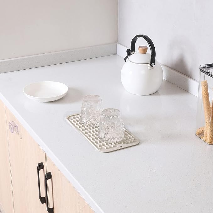 MicoYang Silicone Dish Drying Mat for Multiple Usage,Easy clean,Eco-friendly,Heat-resistant Silicone Mat for Kitchen Counter or Sink,Refrigerator or Drawer Liner Tapioca S 12 inches x 6 inches