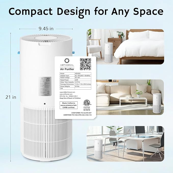 Airthereal 2-in-1 Air Purifier & Humidifier Combo for Large Room up to 1200 ft², 3-Stage Filters, Air Quality Monitor and Quiet Sleep Mode, Evaporative Humidifier with Hygrometer, iF Design Award 2026